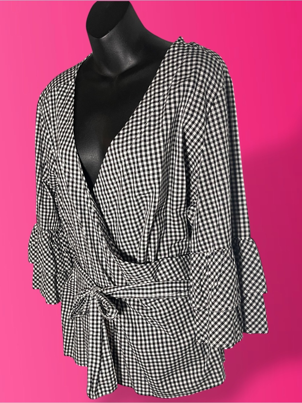Beachlunchlounge Arianna Gingham Wrap Blouse with Ruffle Tiered Sleeves XL